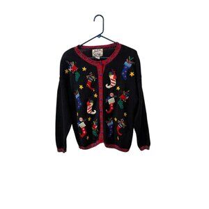 Vintage Christmas Stocking Embroidered Cardigan Sweater Black Red Womens Large